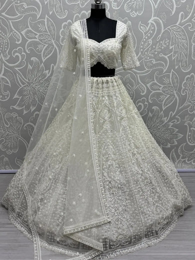 Fantastic White Pearl Work Net Monochrome Lehenga Choli With Dupatta - Ethnic Plus In